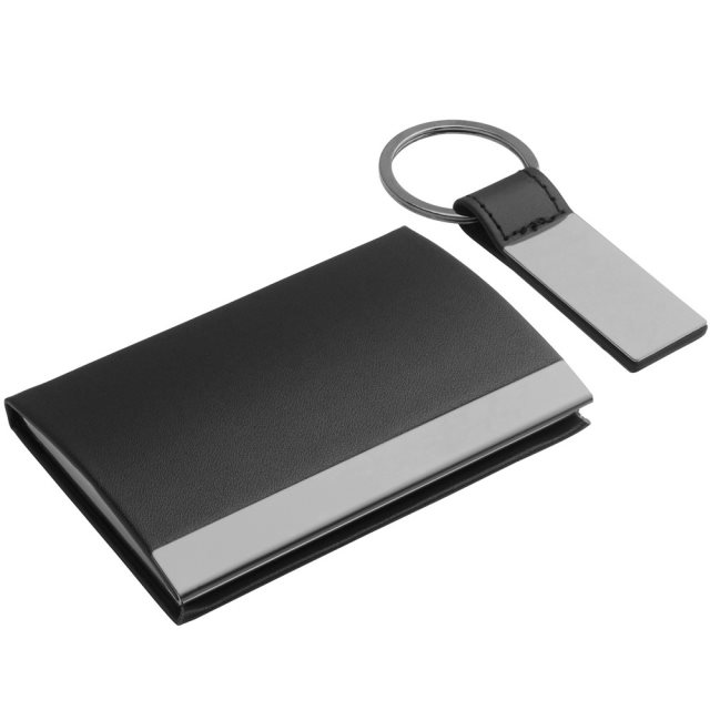 【REFLECTS】鑰匙圈+磁性皮革名片盒2件(黑)