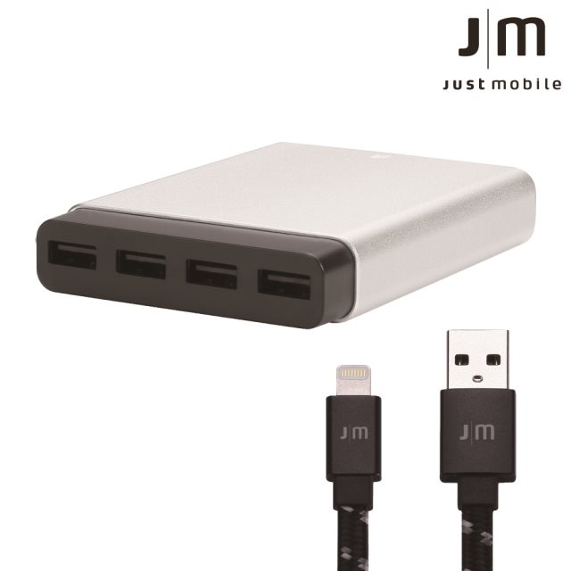 【Just Mobile】AluCharge™ 鋁質USB四埠智慧充電器+AluCable™ Flat [Braided] 鋁質傳輸編織扁線 (組合包)_3色
