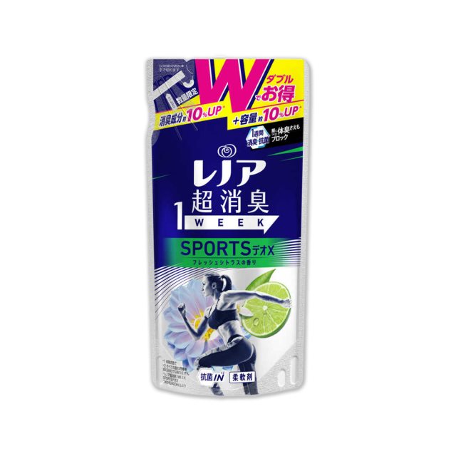 【日本P&G Lenor蘭諾】SPORTS運動衣物1Week超消臭香氛柔軟精補充包440ml/袋檸檬香(深藍)
