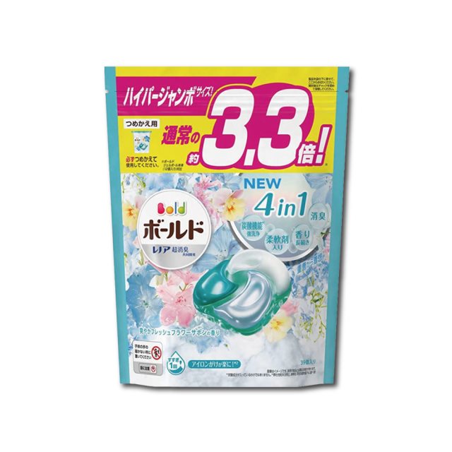 【日本P&G Bold】4D炭酸機能4合1強洗淨消臭留香柔軟洗衣凝膠球39顆/袋(洗衣膠囊洗衣球)－白葉花香(水藍)