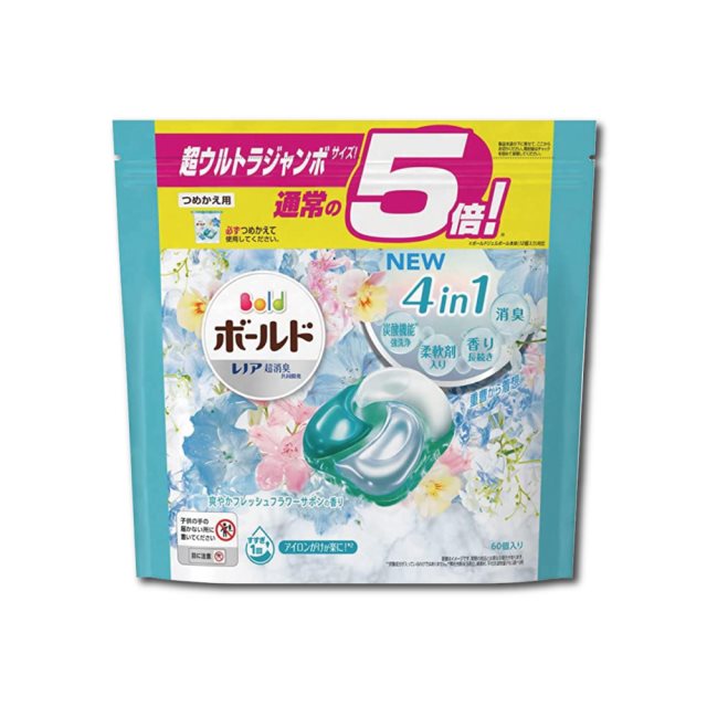 【日本P&G Bold】4D炭酸機能4合1強洗淨消臭留香柔軟洗衣凝膠球 60顆/袋 白葉花香(水藍)