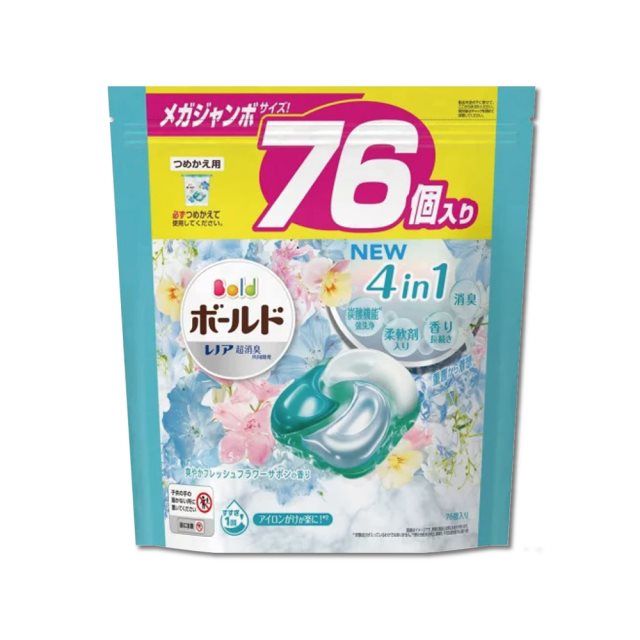 【日本P&G Bold】新4D炭酸機能4合1強洗淨2倍消臭柔軟花香洗衣凝膠球 76顆/袋 白葉花香(水藍)