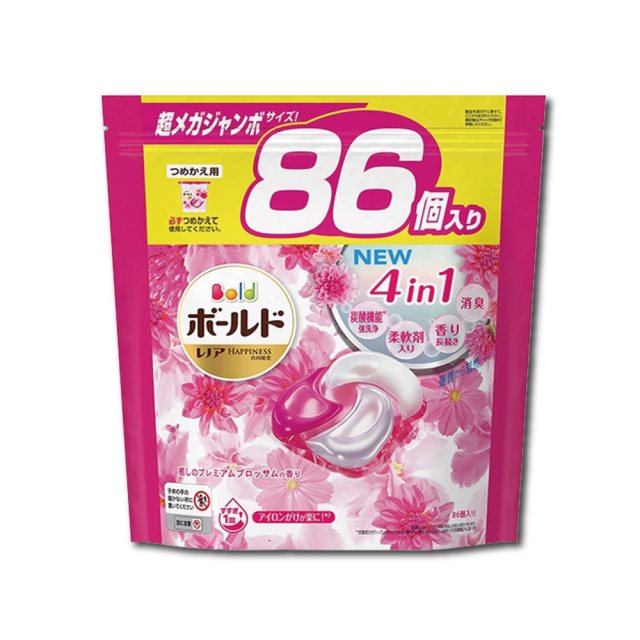 【日本P&G Bold】4D炭酸機能4合1強洗淨消臭留香柔軟洗衣凝膠球 86顆/袋 牡丹花香(粉紅)
