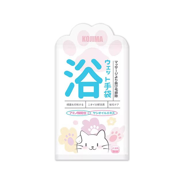 【日本KOJIMA】寵物SPA貓掌肉球印花立體顆粒氨基酸保濕除臭5指型全身清潔手套濕巾6入/袋