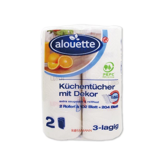 【德國domol】Alouette三層加厚印花壓紋吸水吸油乾濕兩用多用途廚房紙巾102片x2捲/袋