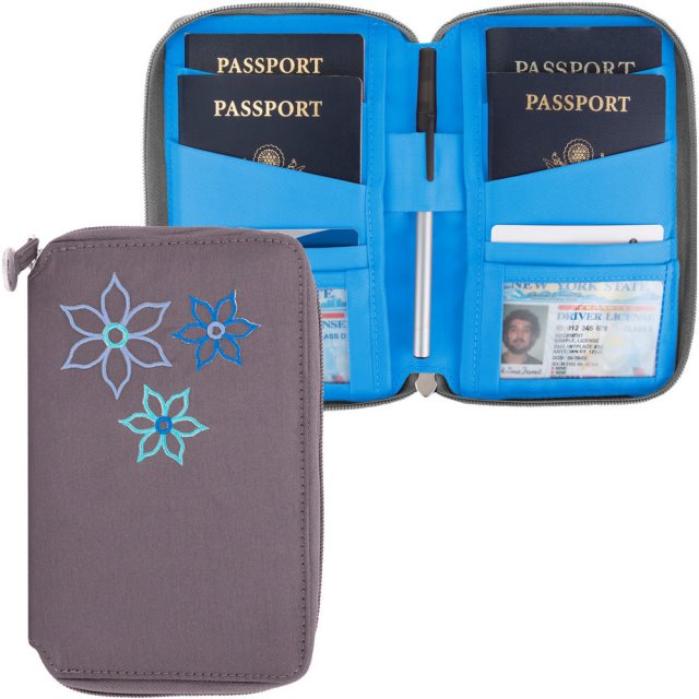 【TRAVELON】Bouquet繡花拉鍊防護證件護照夾(灰)