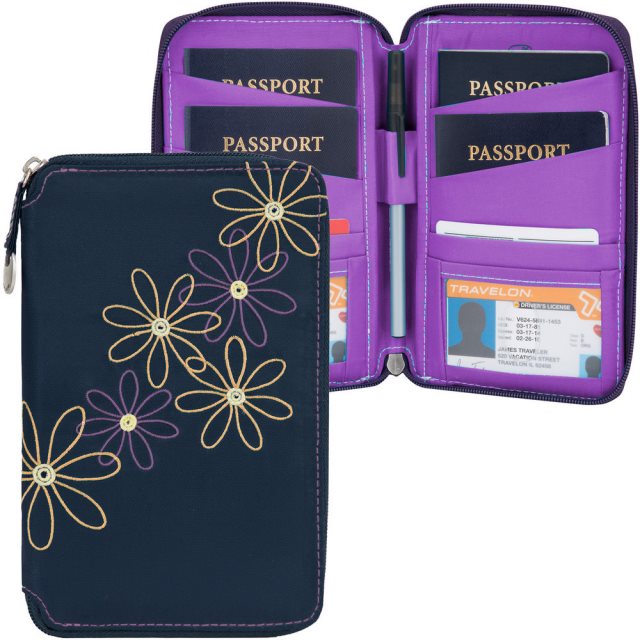 【TRAVELON】RFID七瓣花拉鍊防護證件護照夾(藍)