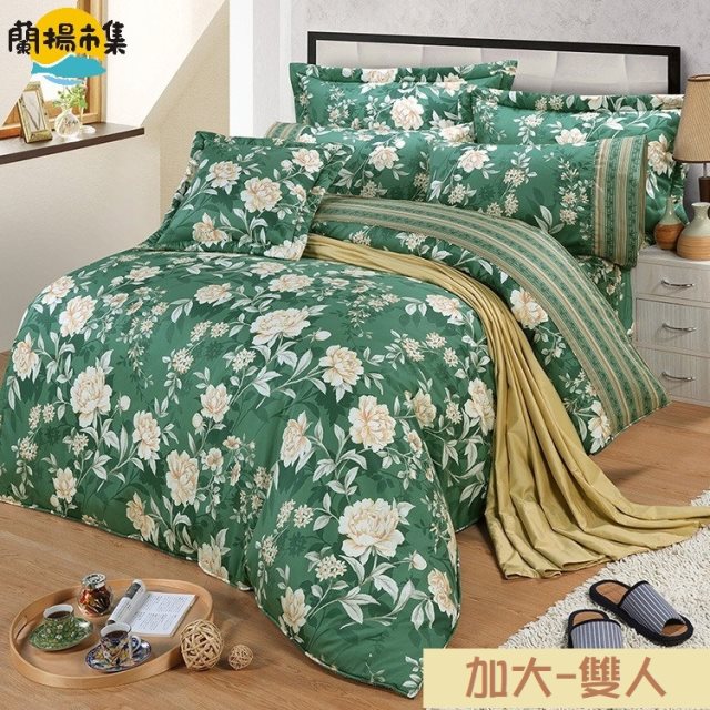 【多利寶寢具】FITNESS_精梳棉雙人加大七件式床罩組-花語情嵐(綠)