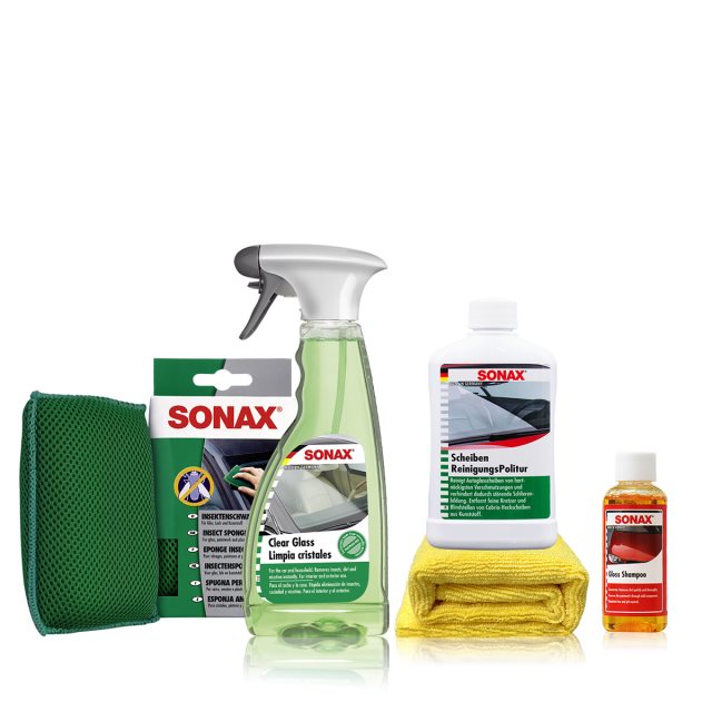 【SONAX】玻璃油膜清潔組 +3D多功能海綿+光滑洗車精