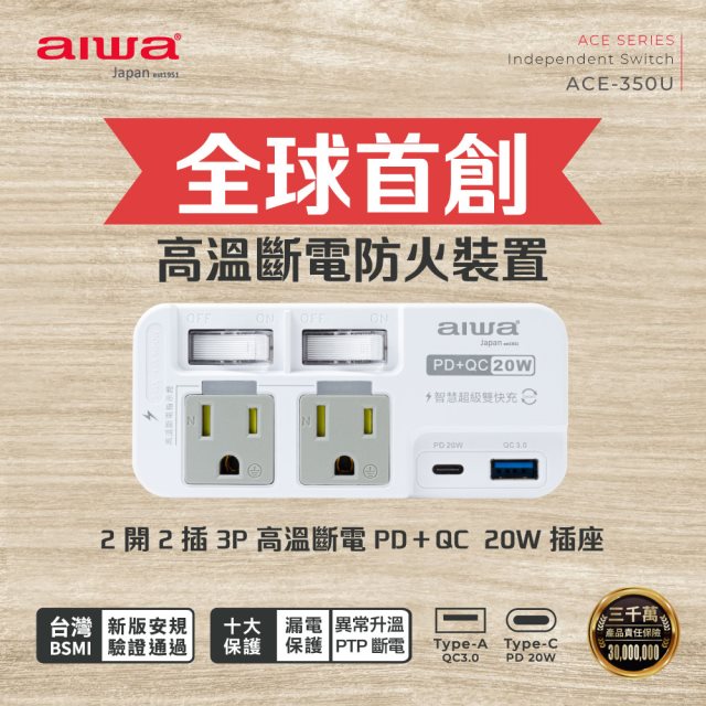 【aiwa愛華】 PD＋QC 20W壁插 (2開2插 3P) ACE-350U