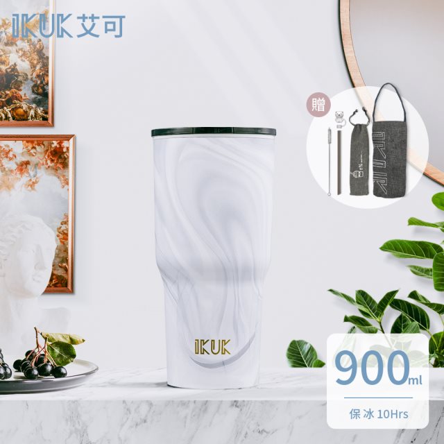 【IKUK艾可】真陶瓷內膽保溫杯大容量900ml冰壩杯-大理石