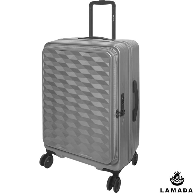 【LAMADA】24吋前開式炫麗格紋系列行李箱/旅行箱(銀)