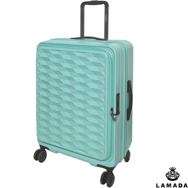 【LAMADA】24吋前開式炫麗格紋系列行李箱/旅行箱(藍)