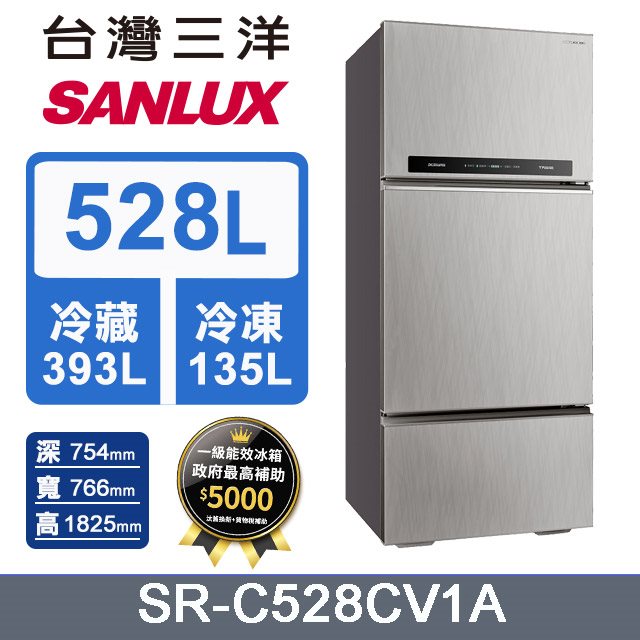 【台灣三洋SANLUX】528L變頻三門冰箱(A光耀銀)(含拆箱定位+舊機回收)