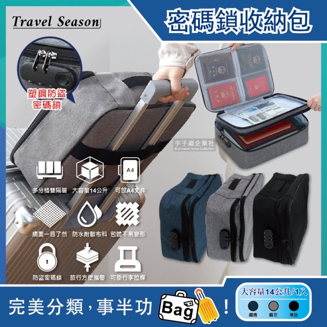 【Travel Season】雙主層拉鏈網格多口袋隔層密碼鎖護照證件收納包x1入 (3款任選)