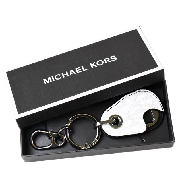 【Michael Kors】 男款 防刮皮革套開瓶器鑰匙圈禮盒-白色