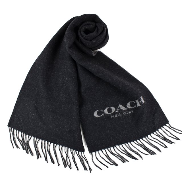 【COACH】 雙面用羊毛流蘇圍巾-黑/深灰
