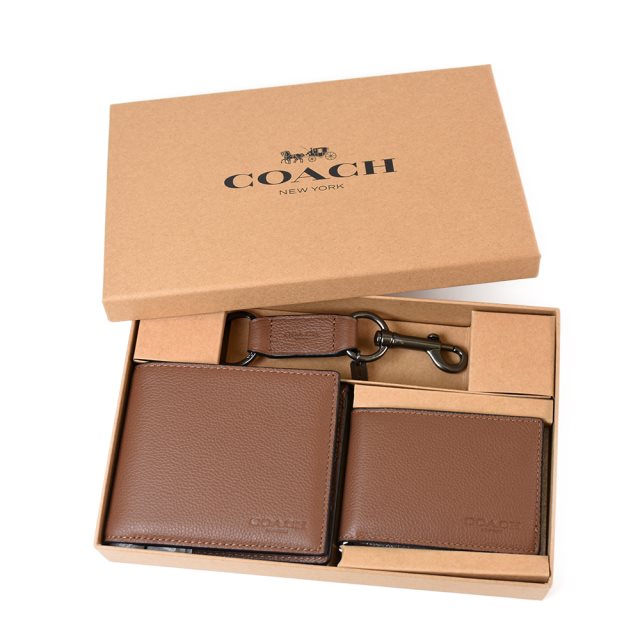 【COACH】 男款 荔枝紋真皮短夾/證件夾/鑰匙圈禮盒組-棕色