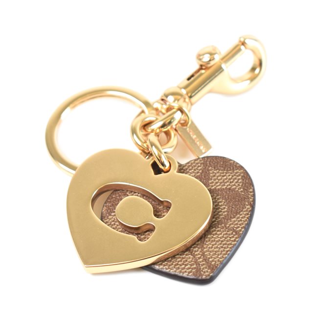 【COACH】 C字愛心/LOGO皮革鑰匙圈-金色