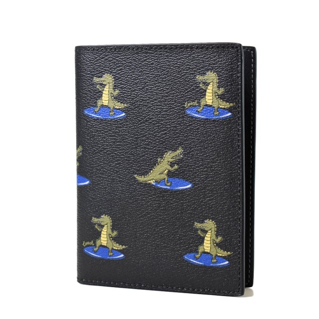【COACH】 鱷魚圖樣防刮皮革對開護照夾-黑色