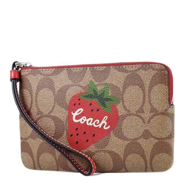 【COACH】草莓緹花LOGO防刮皮革手拿包-卡其色
