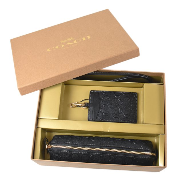 【COACH】浮雕LOGO識別證掛帶票卡夾/筆袋禮盒組-黑色