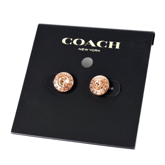 【COACH】 圓型LOGO水鑽針式耳環-玫瑰金
