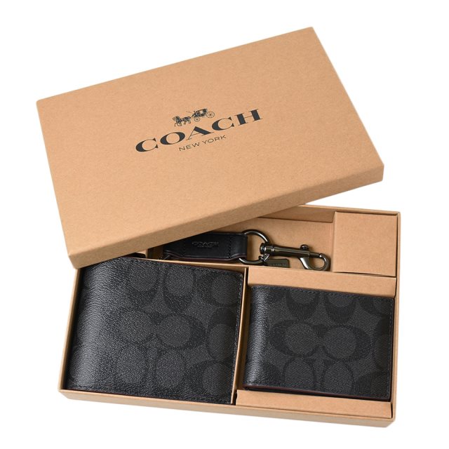 【COACH】 男款 緹花LOGO防刮皮革短夾/證件夾/鑰匙圈禮盒組-灰黑色