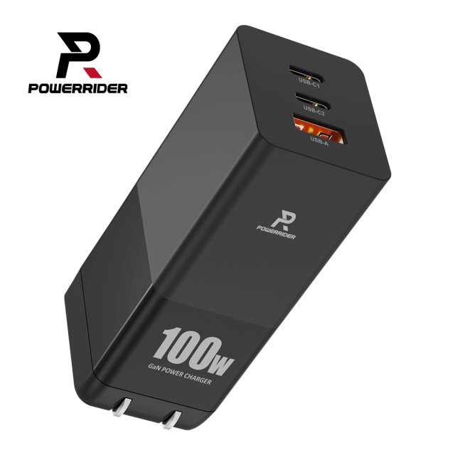 【PowerRider】PD100CA 100W氮化鎵三孔折疊快速充電器-黑色