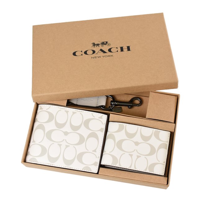 【COACH】 男款 浮雕LOGO短夾/證件夾/鑰匙圈禮盒組-白色