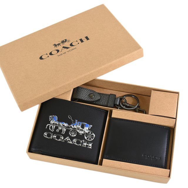 【COACH】 男款 浮雕馬車真皮短夾/證件夾/鑰匙圈禮盒組-黑色