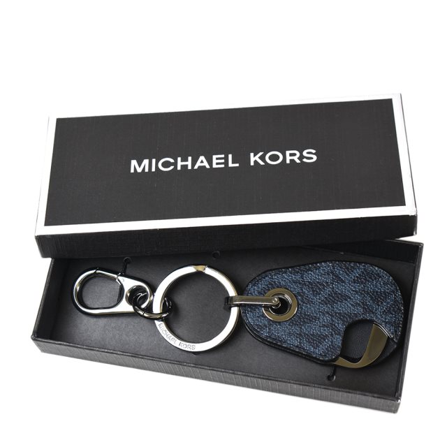 【Michael Kors】男款 防刮皮革套開瓶器鑰匙圈禮盒-藍色