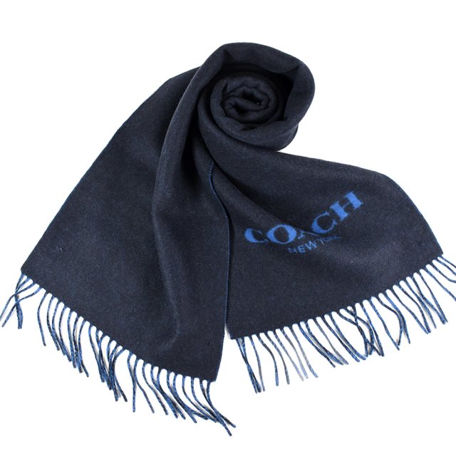 【COACH】 雙面用羊毛流蘇圍巾-藍色