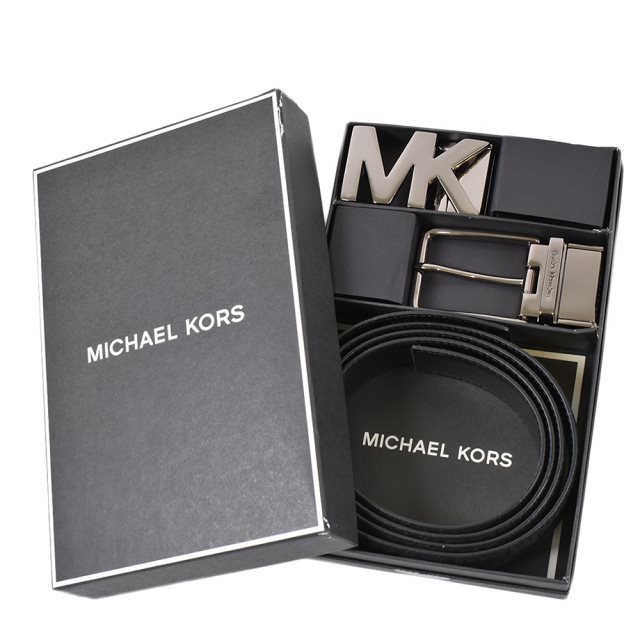 【MICHAEL KORS】 男款 緹花LOGO小MK雙釦頭雙面用寬版皮帶禮盒組-黑色