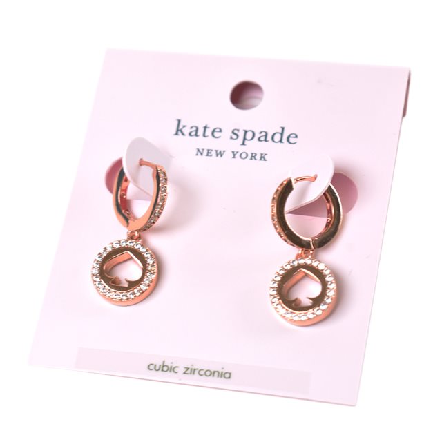 【KATE SPADE】 雙圈水鑽鏤空桃心針式耳環-玫瑰金