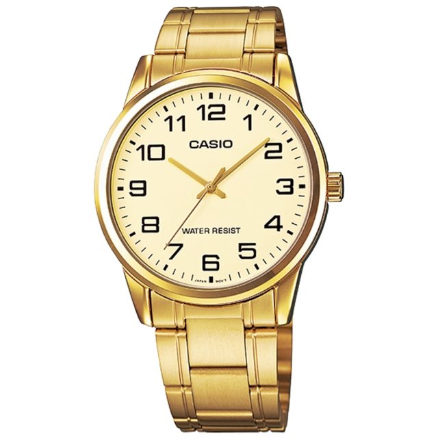 【CASIO 卡西歐】紳士經典復古時尚數字刻度 不鏽鋼手錶 金色 MTP-V001G-9B
