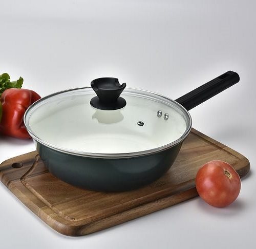 【愛佳寶】碳鋼陶瓷煎炒鍋(附蓋)28CM