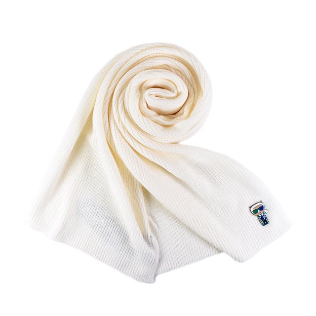 【KARL LAGERFELD】 金屬Q版老佛爺羅紋針織圍巾-白色