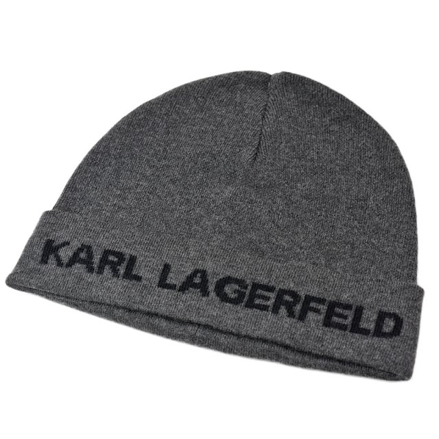 【KARL LAGERFELD】 簡約LOGO反折毛帽-深灰