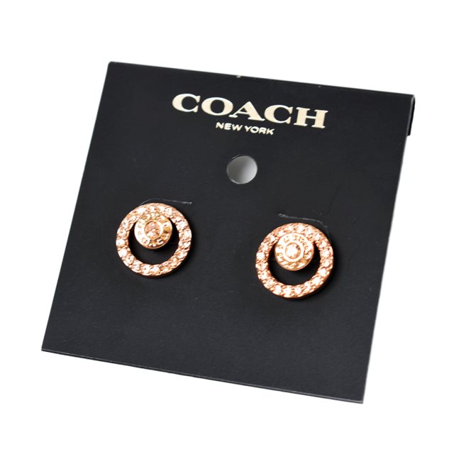 【COACH】 鏤空圓圈水鑽針式耳環-玫瑰金