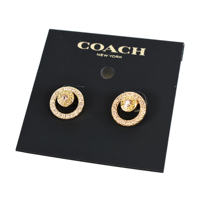 【COACH】 鏤空圓圈水鑽針式耳環-金色