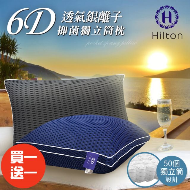 買一送一【Hilton 希爾頓】6D超涼感透氣銀離子抑菌獨立筒枕/二色任選(透氣枕/超涼/酷涼/枕頭)(B0109)