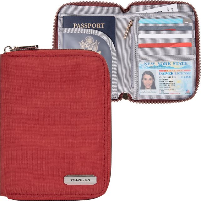 【TRAVELON】對開拉鍊護照包(紅)  |  RFID防盜 護照保護套 護照包 多功能收納包