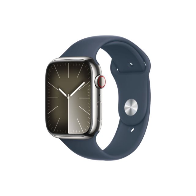 Apple Watch S9 LTE版 45mm 銀色不鏽鋼錶殼；風暴藍色運動型錶帶 GPS +行動網路 S/M *MRMN3TA