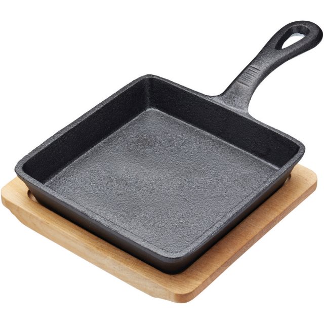 【Artesa】木盤+迷你單柄鑄鐵煎烤盤(長14.5cm)  |  平底鑄鐵烤盤 煎盤