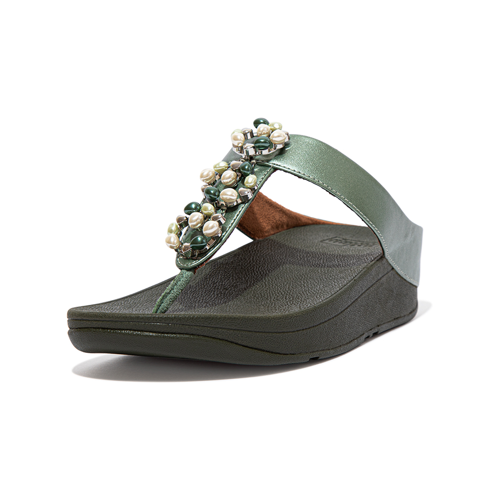 【FitFlop】FINO PEARL-CHAIN TOE-POST SANDALS立體珠飾花圈設計夾腳涼鞋 (海灣綠)