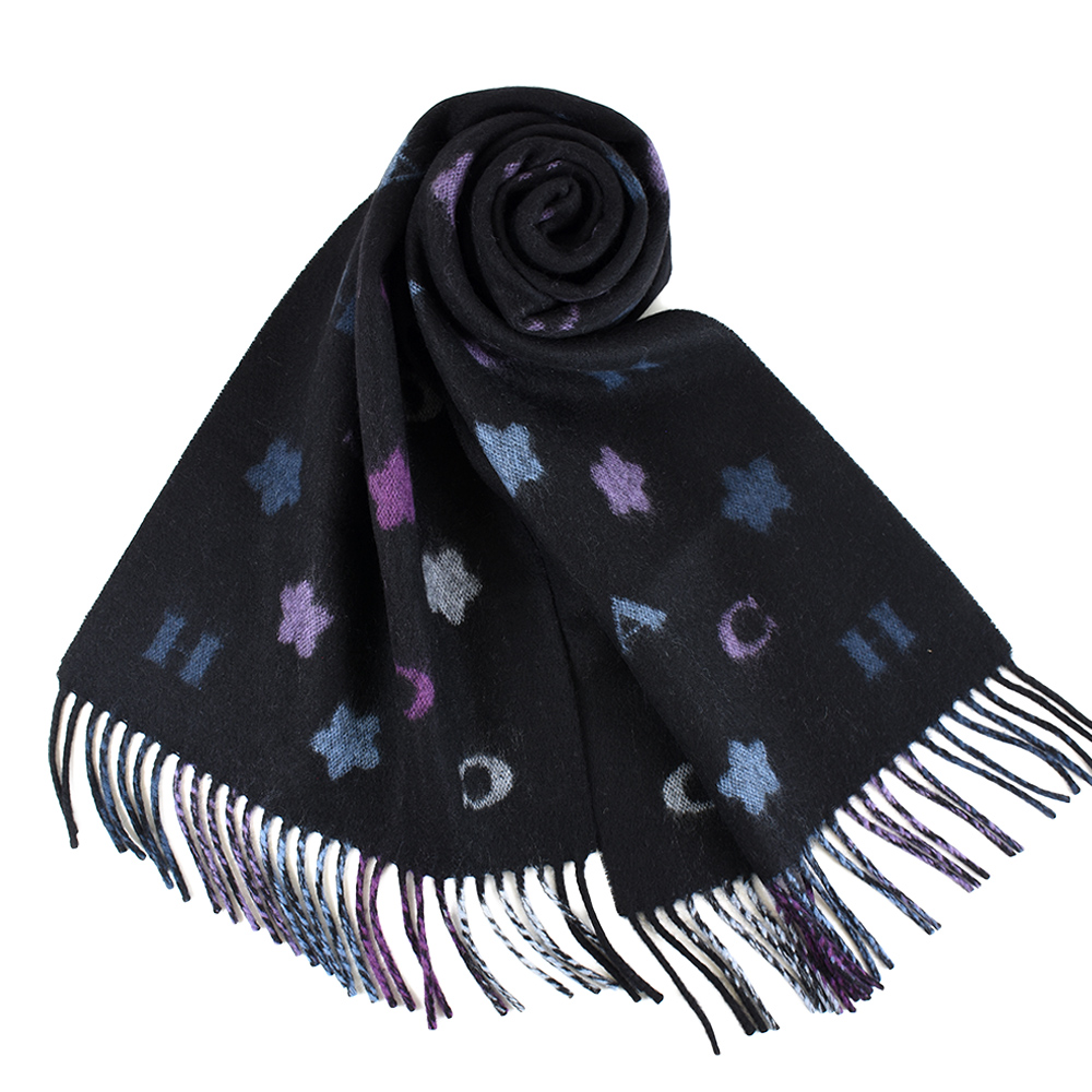 【COACH】 星星條紋羊毛圍巾-黑色