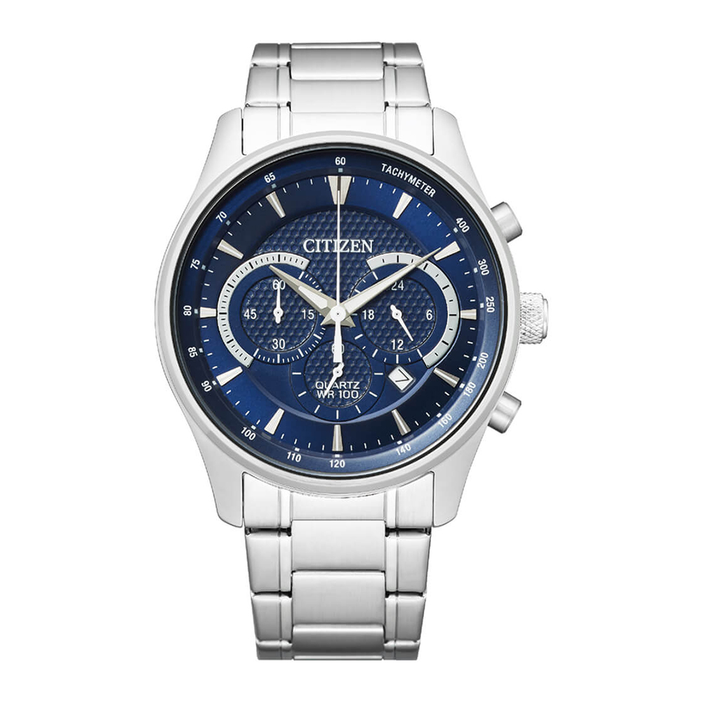 【CITIZEN 星辰】AN8190-51L 商務都會 三眼計時 銀框藍面 不鏽鋼石英腕錶 42mm