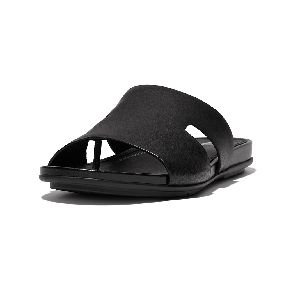 春季露營【FitFlop】GRACIE LEATHER H-BAR SLIDES (WITH TOE POST)皮革H型涼鞋-女(靚黑色)