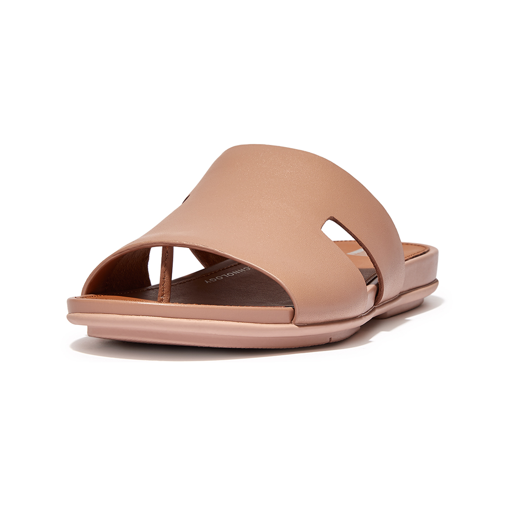 春季露營【FitFlop】GRACIE LEATHER H-BAR SLIDES (WITH TOE POST)皮革H型涼鞋-女(米色)